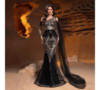 Abito elegante da cerimonia con perline e paillettes - Silhouette asimmetrica monospalla con audace decorazione geometrica in perline e gonna in tulle trasparente per gala sul red carpet, banchetti se