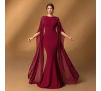 Abito elegante da cerimonia per la madre della sposa, con collo rotondo, maniche ultra lunghe e fluenti, polsini trasparenti, orlo a coda di pesce, adatto per grandi matrimoni, riunioni di famiglia fo