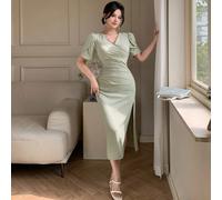 Abito elegante da donna a colore unito con scollo a V, maniche a volant, plissettato e asimmetrico di media lunghezza, adatto per l'estate e come abito da cerimonia per matrimoni L,M,S,XLColore unicoT