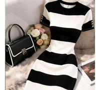 Abito elegante da donna a contrasto di colore nero e bianco, vestibilità slim, lunghezza media, adatto per ufficio e brunch estivi L,M,S,XL,XS,XXL,XXSBlocchi di colore,A strisceTessuto