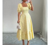 Abito elegante da donna a maniche a sbuffo, vita aderente, in tessuto jacquard color tinta unita con motivo a margherita, adatto per uso quotidiano e vacanze L,M,S,XSColore unicoTessuto intrecciato