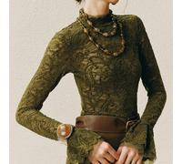 Abito elegante da donna a maniche lunghe, con design a contrasto in pizzo e rete, doppio strato, maniche a campana e orlo a sirena, di colore verde, alla moda e grazioso L,M,S,XLPianteTessuto in magli