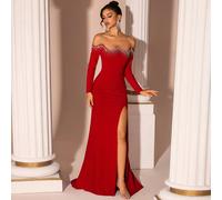 Abito elegante da donna a maniche lunghe con strass, schiena scoperta, vita annodata e spacco alto, adatto per ballo, festa, compleanno, appuntamento, cerimonia, matrimonio, cena formale L,M,S,XSColor