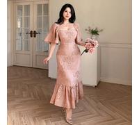 Abito elegante da donna a stampa floreale con colletto quadrato e maniche a volant, di media lunghezza, adatto per l'estate e come abito da cerimonia per matrimoni L,M,S,XLPianteTessuto intrecciato