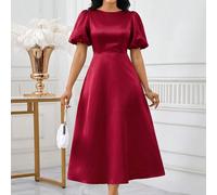 Abito elegante da donna a tinta unita con maniche a palloncino, maniche lunghe, linea ad A, maniche vescovo, colore bordeaux, per primavera ed estate, adatto per matrimoni, eventi aziendali, cocktail 