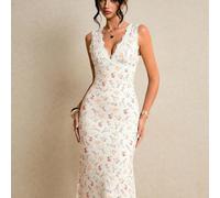 Abito elegante da donna bianco con fiori e pizzo a contrasto, scollo a V, senza maniche, aderente, per estate e primavera, ballo di fine anno, serata, matrimonio, addio al nubilato, tè pomeridiano L,M