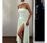 Abito elegante da donna con canotta in doppio materiale, senza maniche e con spacco alto, adatto per invitati a matrimoni, feste e vacanze, primavera/estate e autunno L,M,S,XL,XSTessuto in maglia
