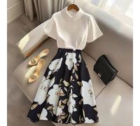 Abito elegante da donna con colletto Peter Pan, maniche corte, patchwork con base nera e decorazione floreale color albicocca, adatto per primavera/estate L,M,S,XLFloreale,Piante,stampa dappertuttoTes