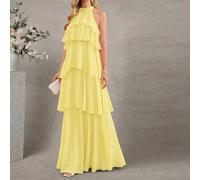 Abito elegante da donna con collo a canottiera, balze e orlo a volant, abito lungo e fluido per le vacanze estive di colore rosa L,M,S,XL,XS,XXSColore unicoChiffon