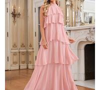 Abito elegante da donna con collo a canottiera, balze e orlo a volant, abito lungo e fluido per le vacanze estive di colore rosa L,M,S,XL,XS,XXSColore unicoChiffon