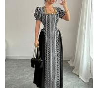 Abito elegante da donna con collo rettangolare, vita con laccio laterale, manica a lanterna, stampa geometrica, stile arabo L,M,S,XLGeometrico,Grafico,A strisce,stampa dappertuttoTessuto intrecciato