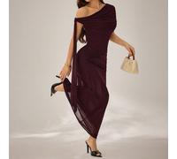 Abito elegante da donna con colore unito e scollo asimmetrico, adatto per primavera ed estate, outfit primaverili ed estivi da donna, per San Valentino, abiti eleganti, outfit da vacanza, outfit estiv