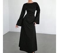 Abito elegante da donna con maniche a sbuffo a righe, abito lungo con maniche lunghe e graziose, abito lungo a righe, outfit per il ritorno a scuola, abito autunnale/invernale, abito da invitata a un