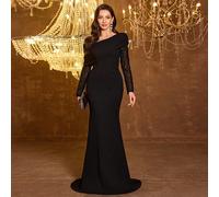 Abito elegante da donna con pieghe, spalla asimmetrica, paillettes, rete trasparente, maniche lunghe, orlo a sirena, per occasioni formali e serali, matrimoni e feste, primavera, colore nero L,M,S,XLC