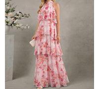 Abito elegante da donna con scollo a canottiera, arricciature a strati in rosa, abito lungo e fluido per le vacanze estive L,M,S,XL,XS,XXSPianteTessuto intrecciato