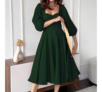 Abito elegante da donna con scollo a cuore, maniche a lanterna e vita arricciata, ispirato allo stile vintage, per la primavera L,M,S,XLTessuto intrecciato