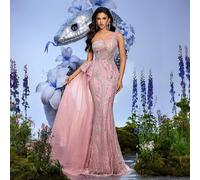 Abito elegante da donna con scollo a cuore, rosa, con perline, con una spalla e fiocco sulla schiena, adatto per cene, feste, cocktail festa (molto decorato) L,M,S,XL,XS,XXLColore unicoTessuto intrecc