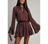 Abito elegante da donna con scollo a V, balze e patchwork, manica lunga aderente, con dettaglio del collo annodato, adatto per tutte le stagioni. Abito casual bohémien con stampa colorblock a pois su 