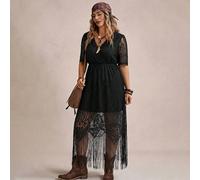 Abito elegante da donna con scollo a V, maniche corte, orlo con frange, pizzo, nero, adatto per donne taglie forti, per San Valentino, compleanni, occasioni eleganti 0XL,1XL,2XL,3XL,4XLColore unicoPiz