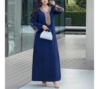 Abito elegante da donna con scollo a V, maniche lunghe, stile arabo, con ricamo floreale e patchwork L,M,S,XL,XS,XXL,XXS,XXXL,XXXXLGrafico,PianteTessuto intrecciato