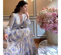 Abito elegante da donna con scollo a V, moderno e romantico, con pieghe e stampa floreale, stampa floreale su tutto il capo, abito elegante da cerimonia da matrimonio con vita annodata in stile bohémi