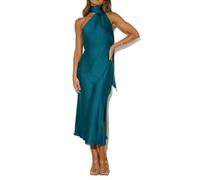 Abito elegante da donna con scollo all'americana, linea a trapezio divisa in raso, senza maniche, aderente, cocktail, maxi abiti da festa lunghi sexy senza schienale ( Color : Lake blue , Size : S )