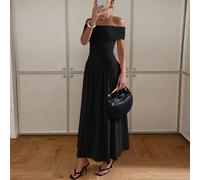 Abito elegante da donna con spalle scoperte e pieghe, abiti casual da donna, abiti per compleanni, abbigliamento da donna, abiti estivi da donna, abito nero a spalle scoperte, abito lungo nero, abito