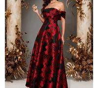 Abito elegante da donna con spalle scoperte e senza maniche, con motivo floreale nero e rosso, design con spacco, che esalta l'eleganza graziosa per matrimoni e feste primaverili L,M,S,XLPianteTessuto