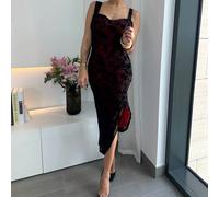 Abito elegante da donna con split, in rete floccata con motivo floreale, abito da homecoming nero, abito da strega, abito da vampiro, abiti eleganti da donna, outfit per il giorno dei morti, gotico L,