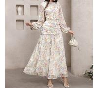 Abito elegante da donna con stampa floreale, collo rotondo, maniche a lanterna e arricciatura in vita L,M,S,XL,XS,XXL,XXS,XXXL,XXXXLStampa CasualeTessuto simile alla lana