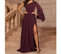 Abito elegante da donna con una spalla, in chiffon, con maniche a lanterna lunghe, linea ad A, spacco sulla coscia, maxi, per cerimonie formali, damigella d'onore, matrimoni, eventi, estate, San Valen