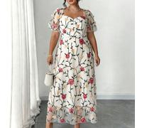 Abito elegante da donna con vita stretta, ricamo di rose romantiche in rete, adatto per ospiti di matrimoni estivi, appuntamenti di San Valentino, feste in giardino 0XL,1XL,2XL,3XL,4XLStampa CasualeTe