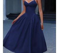 Abito elegante da donna di colore blu navy, lunghezza media, vita stretta, scollo a cuore, spalline sottili, allacciatura sulla schiena, linea ad A, abito da cerimonia estivo L,M,S,XL,XS,XXSColore uni