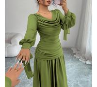 Abito elegante da donna in chiffon con colletto arricciato, maniche a lanterna, design con vita annodata, adatto per occasioni formali come feste di cocktail, matrimoni, cerimonie di laurea, Ognissant