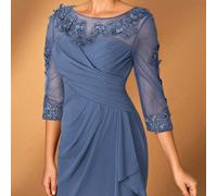 Abito elegante da donna in chiffon grigio-rosa, collo tondo, maniche lunghe trasparenti, arricciato, con applicazioni di paillettes, orlo a sirena micro, adatto per la madre della sposa, matrimoni, ev