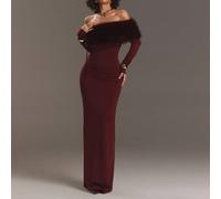 Abito elegante da donna in colore tinta unita con maniche lunghe a spalle scoperte, in pelliccia ecologica, adatto per l'autunno. Abiti eleganti da donna per feste, eventi, matrimoni come ospite. Abit