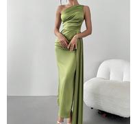 Abito elegante da donna in raso verde lime con arricciature e monospalla, outfit estivo per addio al nubilato e ospite di matrimonio, abito aderente da cena, serata e cocktail L,M,S,XSColore unicoTess