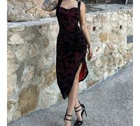 Abito elegante da donna in rete floccata con motivo floreale, abito nero da cerimonia, abito da strega, abito da vampiro, abiti eleganti da donna, outfit per il Giorno dei Morti, gotico L,M,S,XSPiante