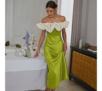 Abito elegante da donna in stile francese con spalle scoperte e vita stretta, colore a blocchi, adatto come abito da ospite di matrimonio in estate L,M,SColore unicoTessuto