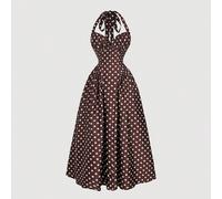 Abito elegante da donna in stile vintage con pois e bordo in pizzo, schiena scoperta e collo a canottiera. Adatto per il ritorno a scuola, concerti country, ritorno a casa, stile boho, insegnanti, com