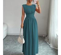 Abito elegante da donna per feste estive, bar e cene, blu petrolio, scollo rotondo, senza maniche, vita traforata con incrocio, plissettato, linea ad A, tinta unita, stile vintage L,M,S,XLColore unico