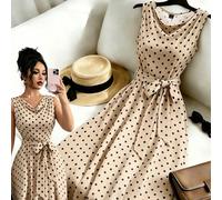 Abito elegante da donna per il pendolarismo con scollo a cappuccio, pois lucidi, colletto arricciato vintage, cintura con fiocco che stringe la vita, a trapezio, adatto per feste, vacanze, uso quotidi