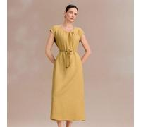 Abito elegante da donna per l'estate, con design in vita arricchito da perline, in un solido colore giallo. Abbigliamento femminile elegante e grazioso, adatto per l'estate, la laurea, occasioni elega