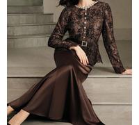 Abito elegante da donna per Natale, Capodanno, Ringraziamento, con un design esclusivo in pizzo francese di alta qualità in marrone, adatto per l'autunno/inverno L,M,S,XLTessuto intrecciato