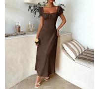 Abito elegante da donna PoPoHouse in colore uniforme, in stile bohémien da vacanza, con scollo basso e design spalle scoperte sul colletto, con dettagli stringati sulla schiena per un abito da spiaggi