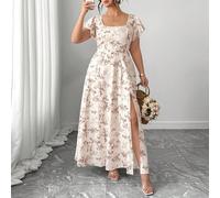Abito elegante da donna taglie forti, con colletto quadrato alla francese, maniche a volant, aderente e snellente, con spacco, adatto per occasioni casual, vacanze leggere, eventi sociali, feste cockt