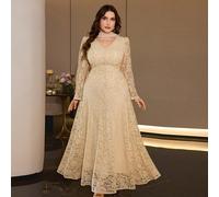 Abito elegante da donna taglie forti con maniche lunghe e scollo a V in pizzo, set in pizzo a due pezzi con fascia in chiffon per matrimonio, festa e autunno 1XL,2XL,3XL,4XLPiantePoliestere,Tessuto in