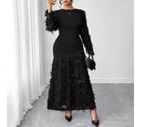 Abito elegante da donna taglie forti con patchwork, ricamo e fiori 3D, adatto per autunno/inverno 0XL,1XL,2XL,3XL,4XLPianteTessuto in maglia