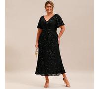 Abito elegante da donna taglie forti con scollo a V, maniche corte, stile sirena, con paillettes, adatto per occasioni formali come feste, festival, matrimoni, abito da sera che valorizza la silhouett