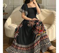 Abito elegante da donna taglie forti con stampa di piante tropicali, abito da donna alla moda con scollo quadrato, maniche ampie a volant, maniche a cappuccio, design con volant sull'orlo, stile vacan